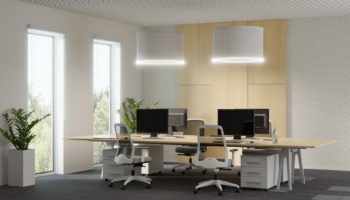 Biuro z lampami akustycznymi - rendering